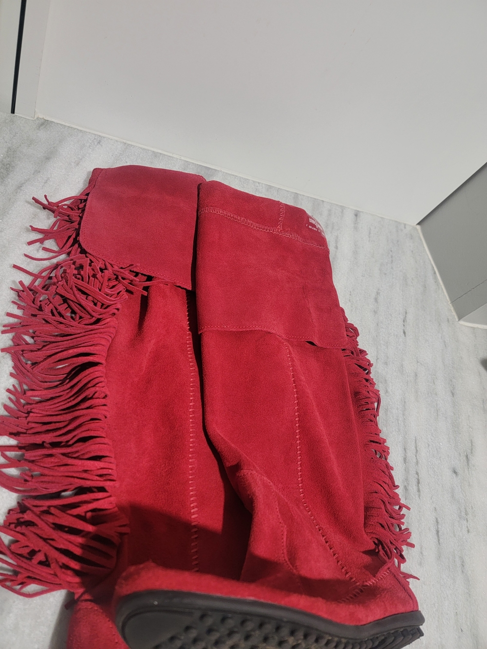 MINNETONKA Red Suede Leather Fringe Knee-High Boots - Picture 5 of 9